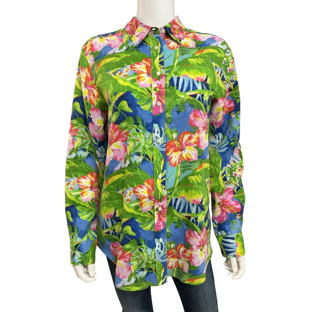 Lauren Ralph Lauren Women's Linen Button Down Shirt sz M Tropical Hibiscus Green